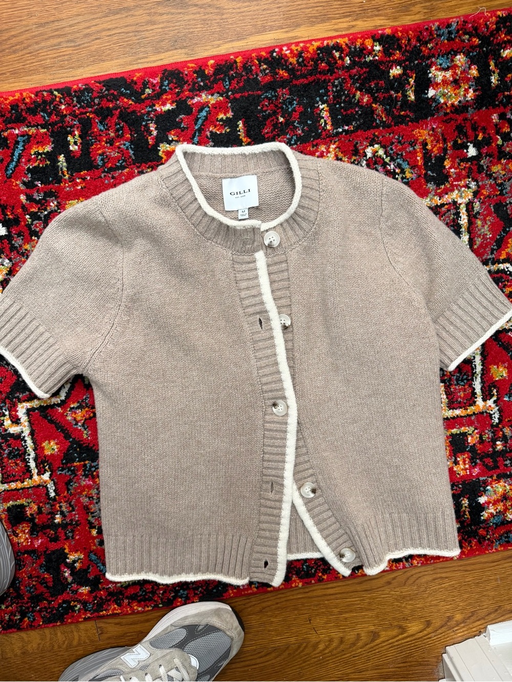 GILLI Taupe Short-Sleeve Crewneck Cardigan with Cream Trim NWOT